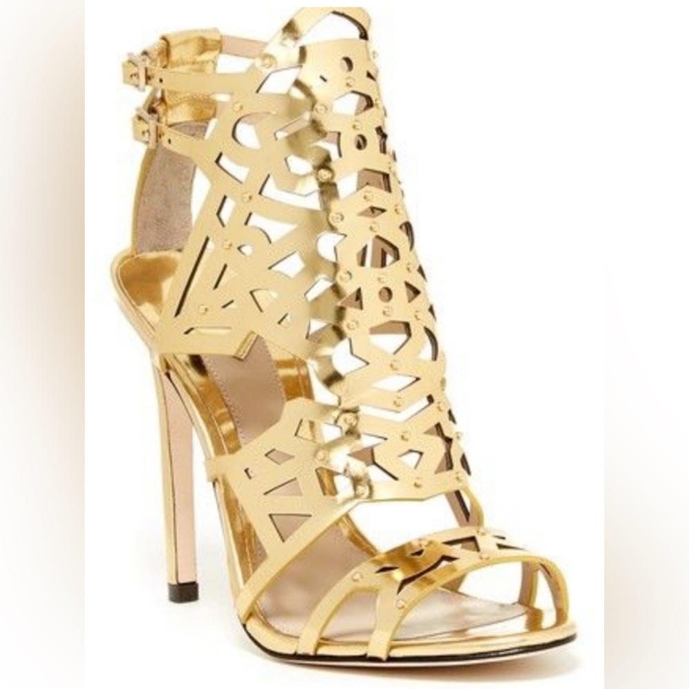 Brian Atwood Laconica Mirrored Laser Cut Cage Gold Sandals NIB size 6.5